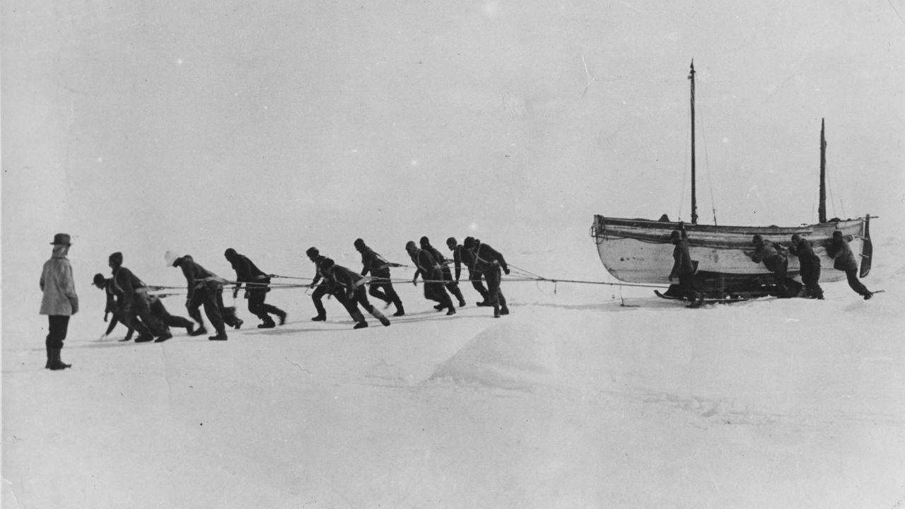 After they lose the Endurance, Shackleton's crew dragged lifeboats across the ice.