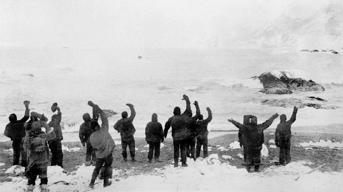 <strong>"The White Darkness</strong>": In this image, the stranded men cheer Shackleton's return with a relief boat. Grann said he connects with the story of Shackleton and Worsley because he's had a fascination with polar exploration since childhood -- but he's never ventured to Antarctica himself.