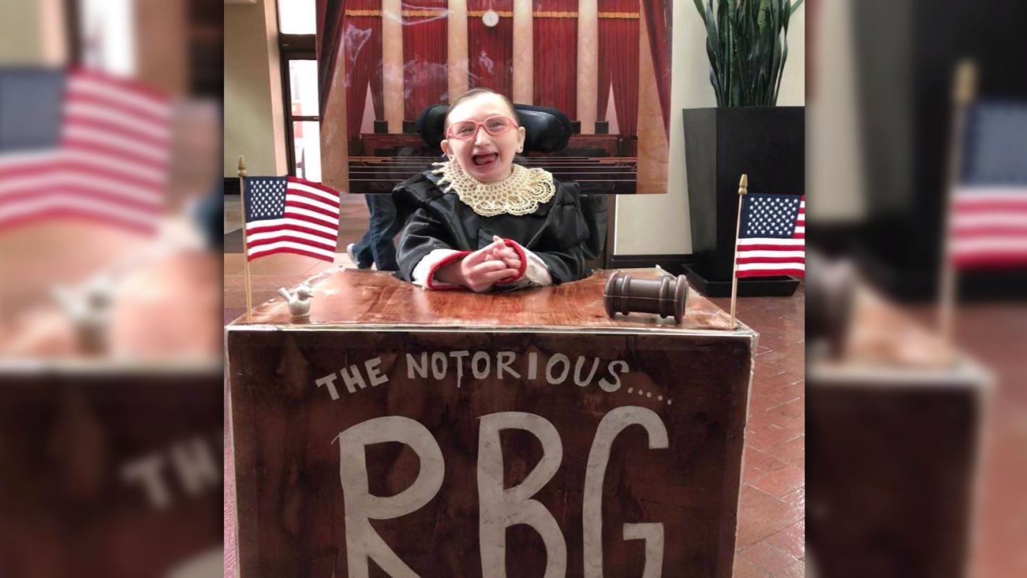 Julia's nickname is "Sweet Bird," so there's always a bird element to the costumes. This year, the bird is playing the role of RBG's very important paper weight. 