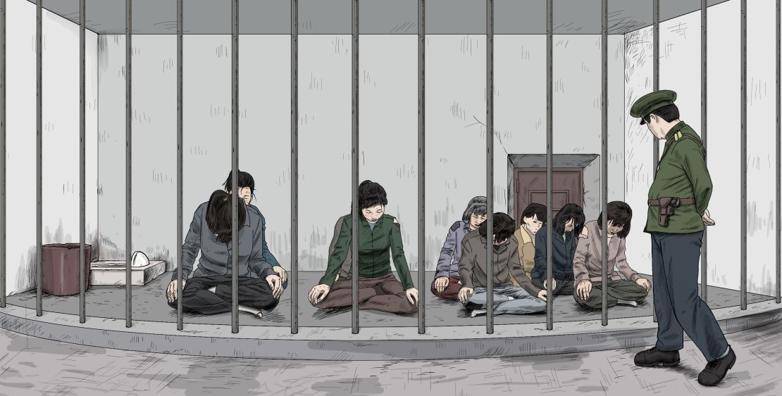 Women in the sitting position in a pre-trial detention facility run by the police. The report alleges that detainees are commonly forced to assume this position in pre-trial detention and temporary holding facilities.