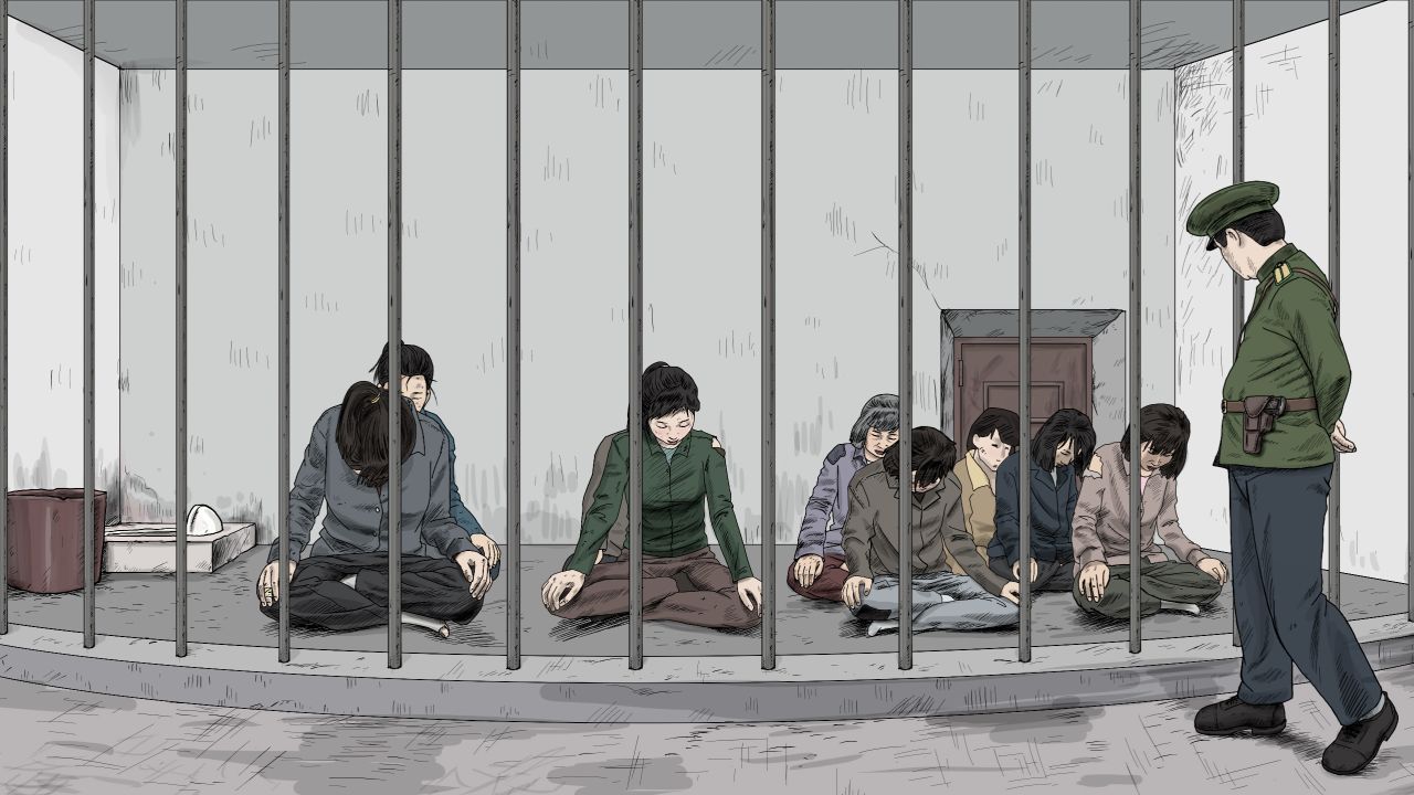 Women in the sitting position in a pre-trial detention facility run by the police. The report alleges that detainees are commonly forced to assume this position in pre-trial detention and temporary holding facilities.