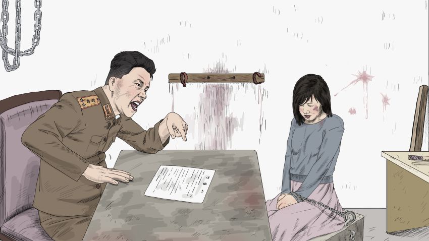Woman being questioned by a secret police investigator. Former detainees said that secret police investigators can easily harass female detainees during questioning.