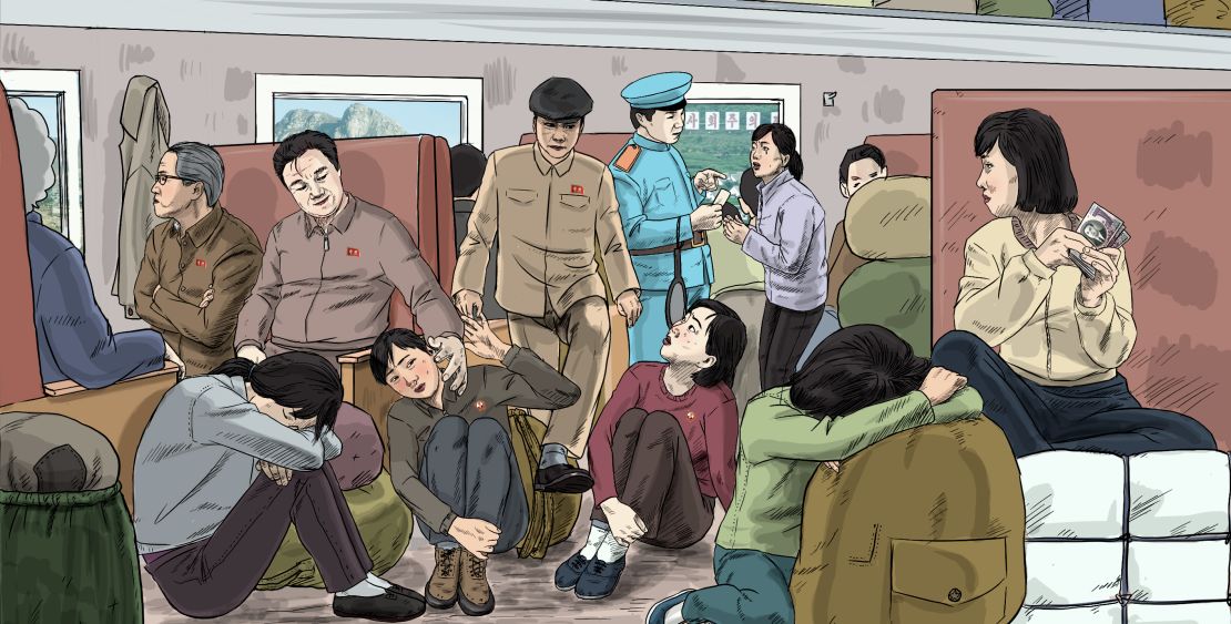 Male government officials and female traders sit in a railway carriage, while a railroad officer checks a female trader's ticket. The report alleges that in railway carriages, women often face harassment by male government officials and railroad officers.