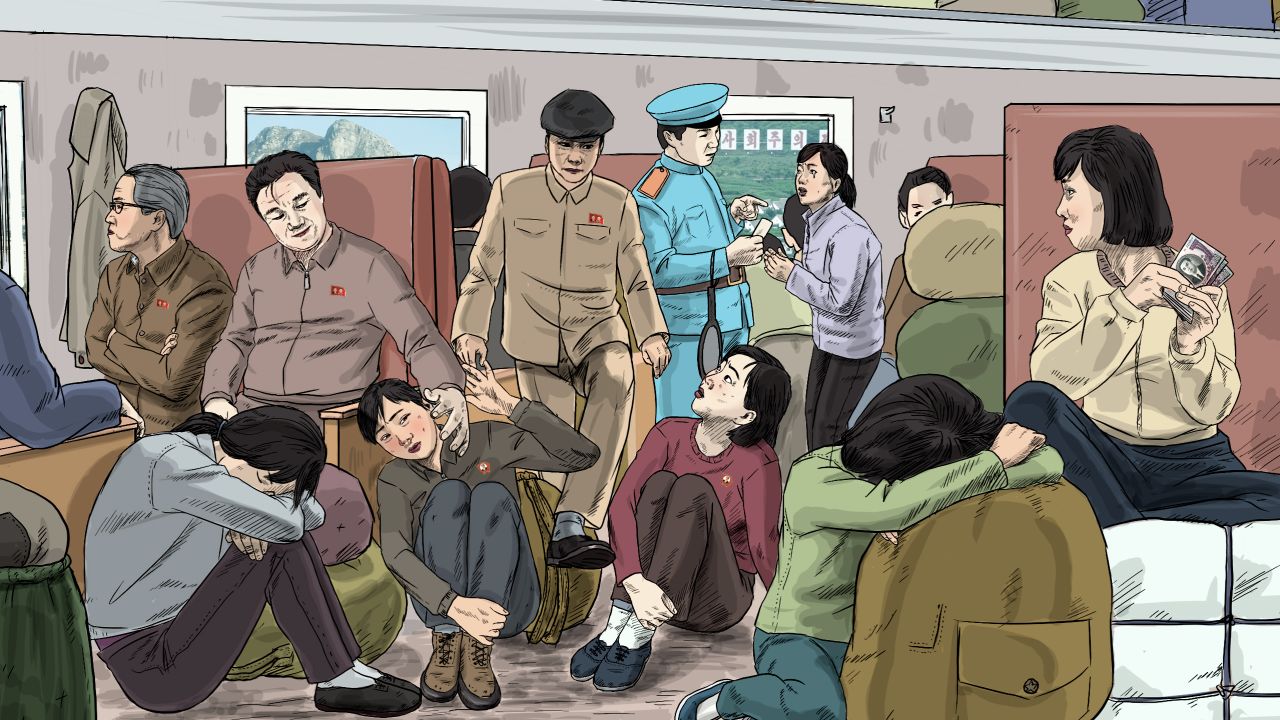 Male government officials and female traders sit in a railway carriage, while a railroad officer checks a female trader's ticket. The report alleges that in railway carriages, women often face harassment by male government officials and railroad officers.