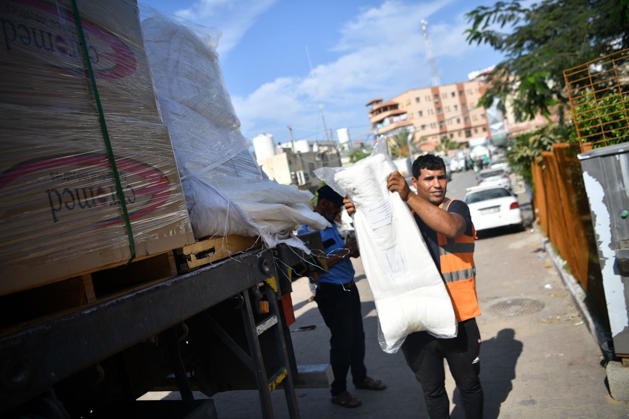 An aid truck full of shrouds from Egypt arrives at Nasser Hospital in Khan Yunis, Gaza, on October 31.