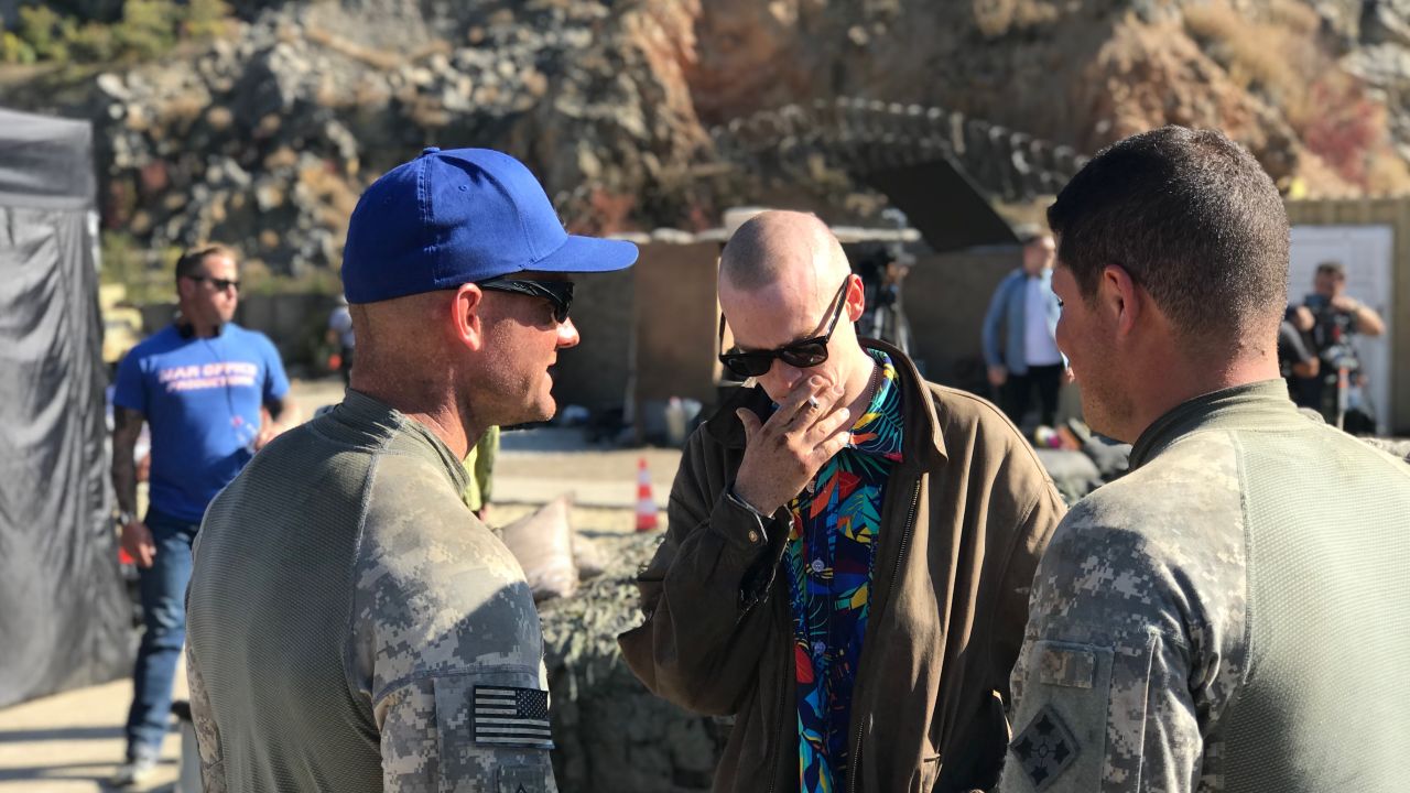 Ty Carter (left) and Caleb Landry Jones (smoking) on set in Bulgaria.