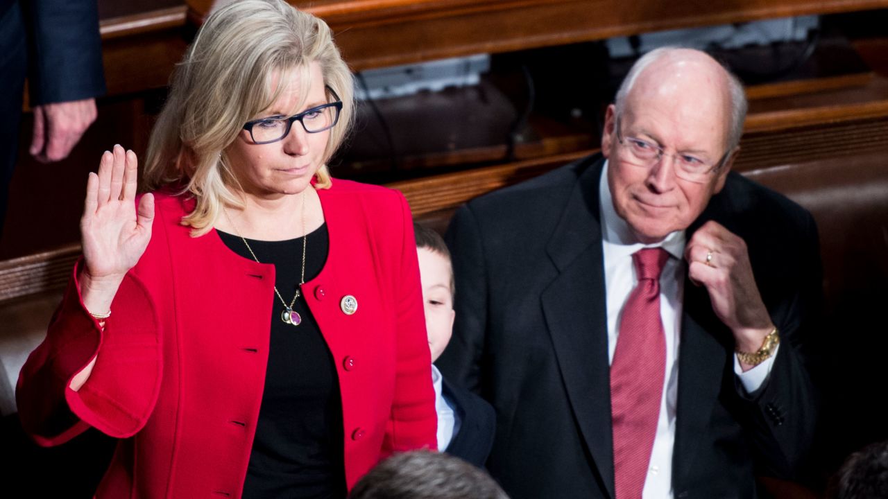 Former Vice President Dick Cheney looks on as his daughter Rep. Liz Cheney, a Wyoming Republican, takes the oath of office on the House floor in January 2017. (Photo By Bill Clark/CQ Roll Call)