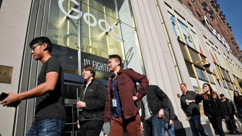 Google employees walk off the job on Thursday in New York. 