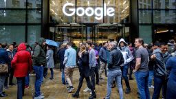 Google staff stage a walkout at the company's UK headquarters in London on November 1, 2018 as part of a global campaign over the US tech giant's handling of sexual harassment.