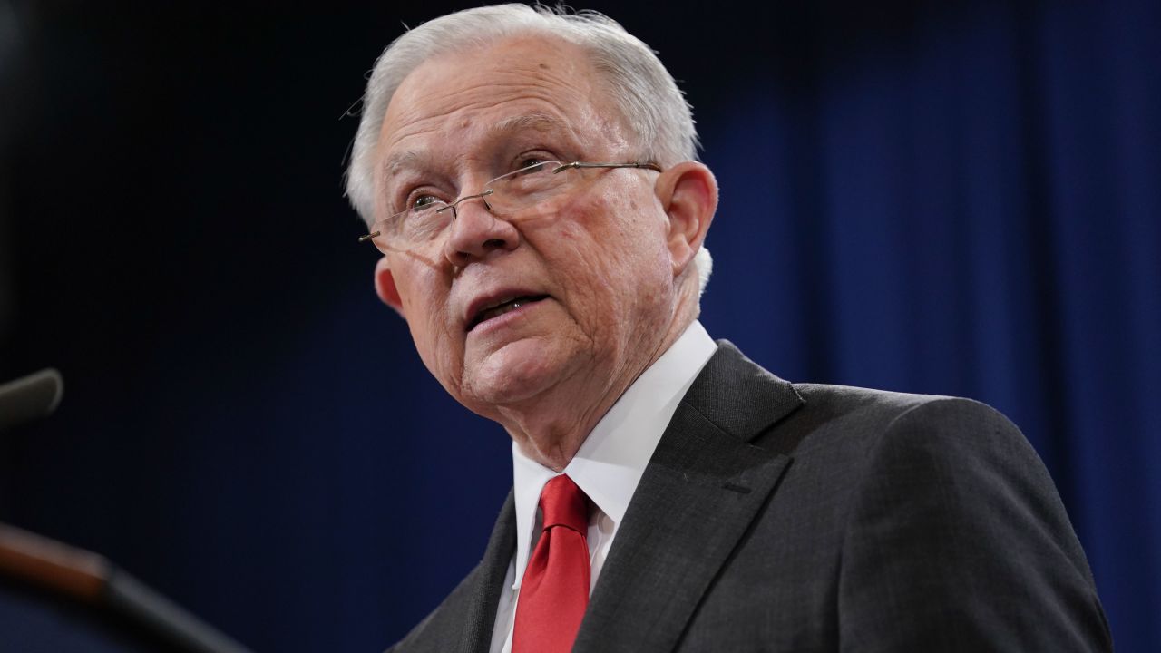 Attorney General Jeff Sessions speaks during a news conference to announce a criminal law enforcement action involving China, at the Department of Justice in Washington, Thursday, Nov. 1, 2018. Justice Department and FBI leaders announced criminal charges and an operation to thwart Chinese economic espionage. (AP Photo/Pablo Martinez Monsivais)