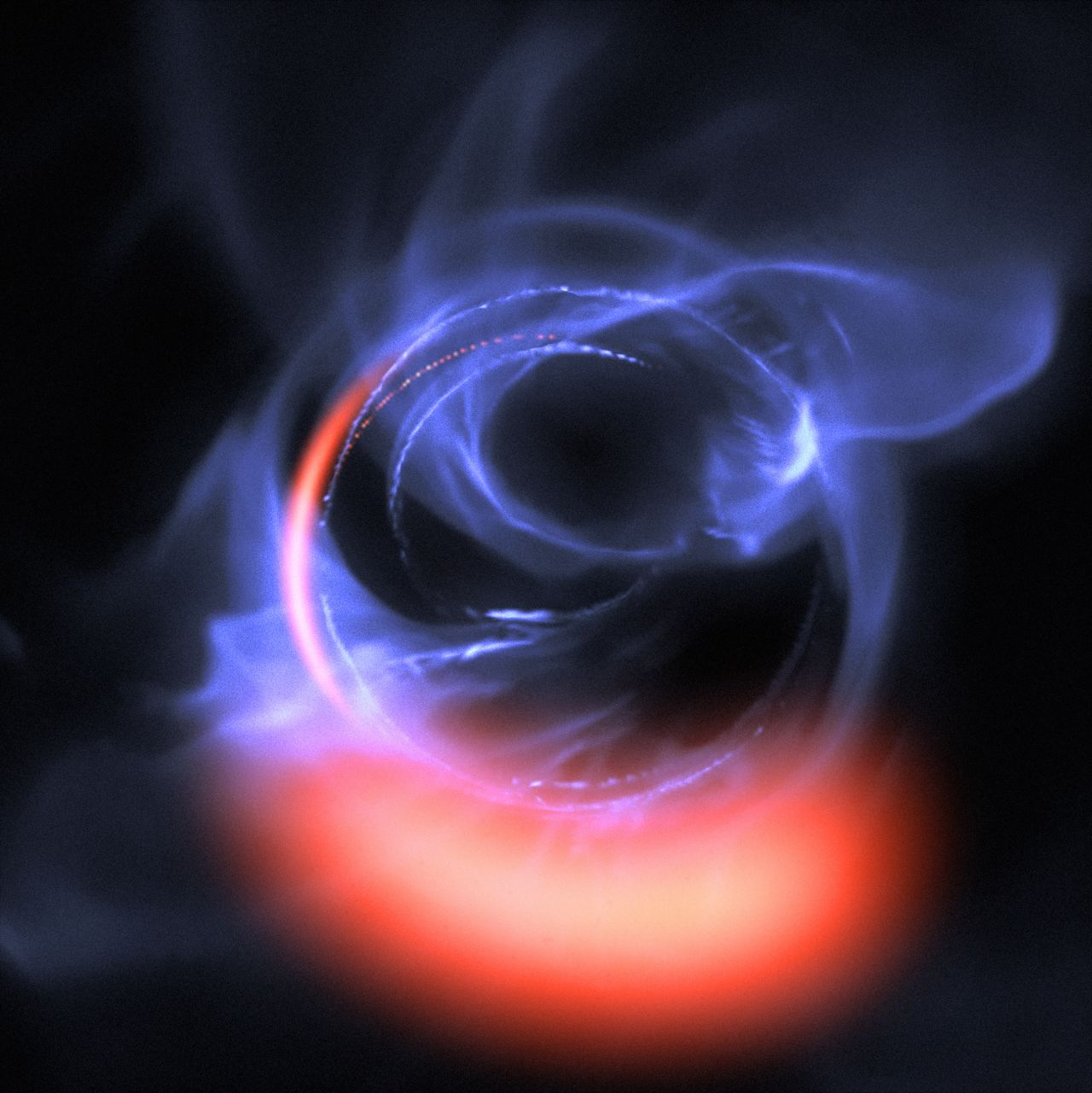 Further evidence of a supermassive black hole at the center of the Milky Way galaxy has been found. This visualization uses data from simulations of orbital motions of gas swirling around about 30% of the speed of light on a circular orbit around the black hole.