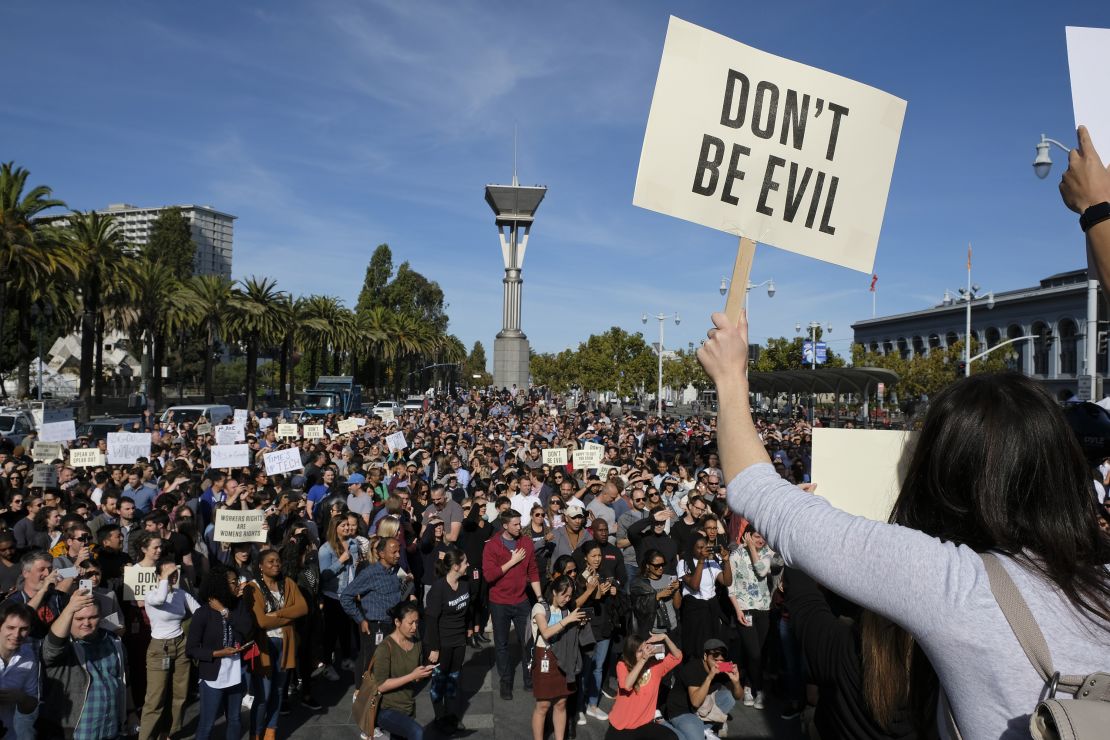 Google employees fill Harry Bridges Plaza in front of the Ferry Building in San Francisco. Protesters chanted "workers rights are women's rights."