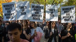 Google employees stage a walkout on November 1, 2018, in New York, over sexual harassment.