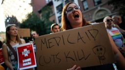 NEW YORK, NY - JULY 5: A small group of activists rally against the GOP health care plan outside of the Metropolitan Republican Club, July 5, 2017 in New York City. Republicans in the Senate will resume work on the bill next week when Congress returns to Washington after a holiday recess. (Photo by Drew Angerer/Getty Images)