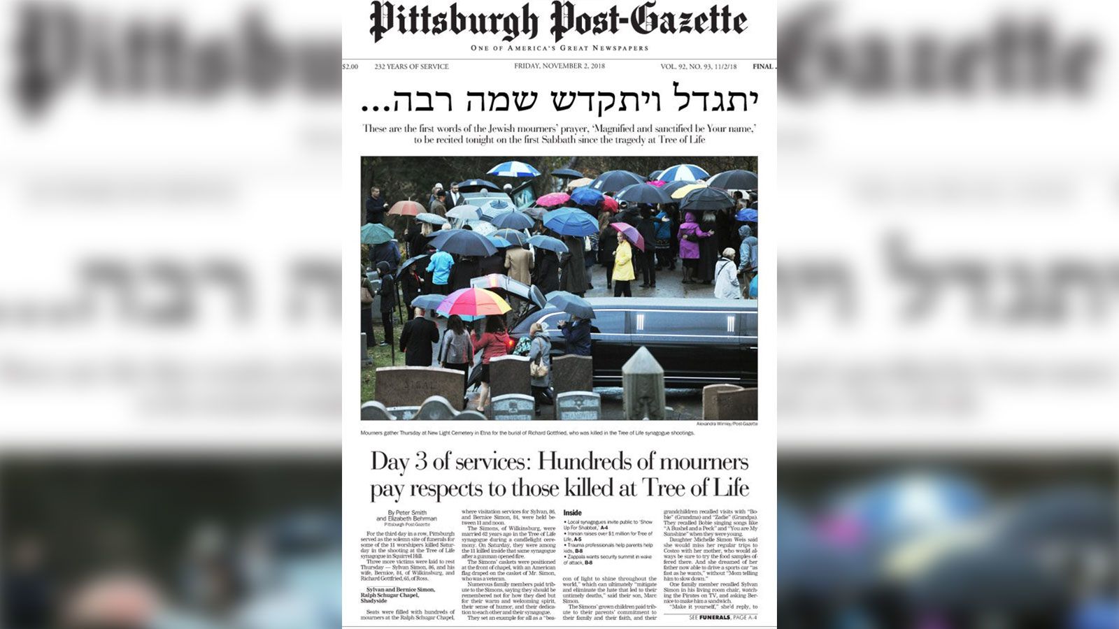 A Pittsburgh newspaper put the first words of the Jewish mourning prayer on  its front page