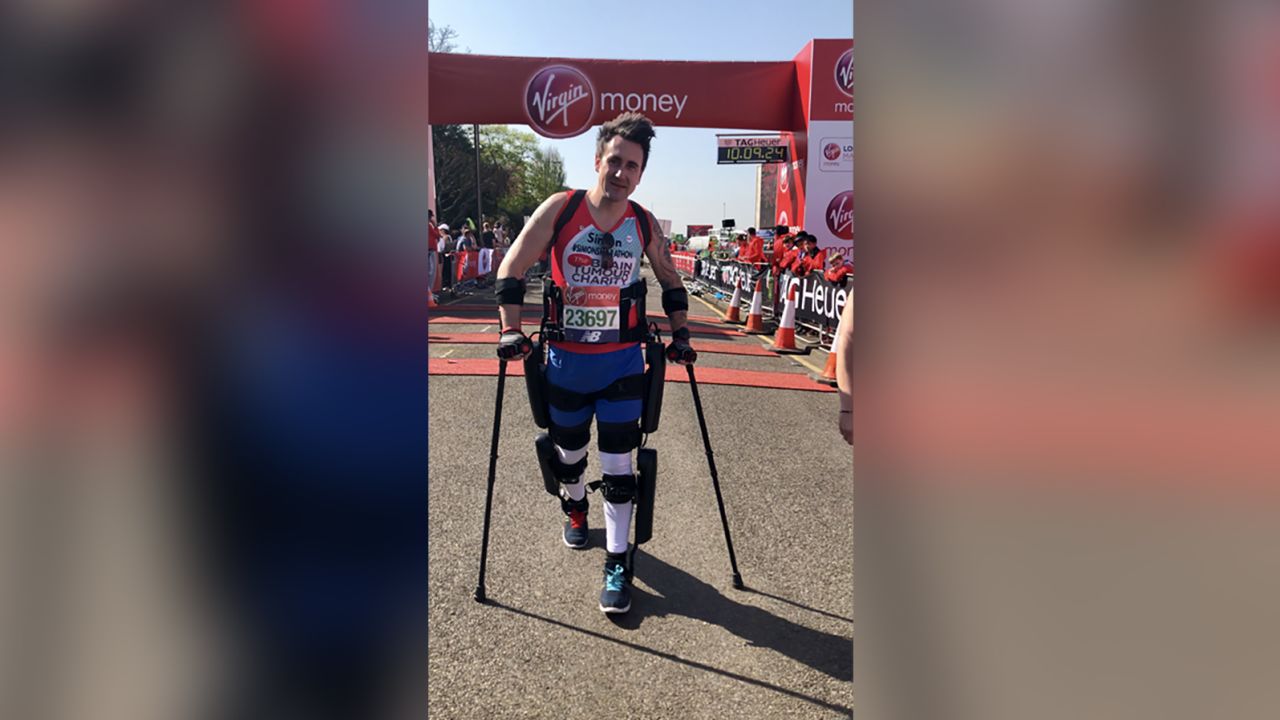 Simon Kindleysides became the first paralyzed man to complete the 2018 Virgin Money London Marathon on foot.