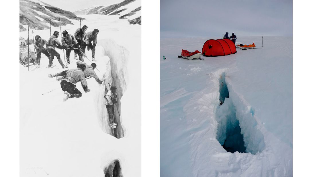 <strong>Bottomless crevasse: </strong>The threat of the bottomless crevasse remains as terrifying today as 100 years before. The picture to the left depicts a man being pulled from a crevasse during explorer Robert Falcon Scott's first Antarctic expedition. On the right, a crevasse dodged by Worsley's group on the 2008 expedition. 