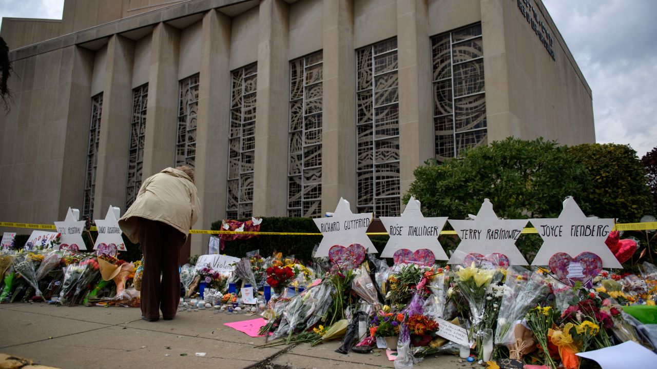 Mourners play tribute after 11 people were killed in a 2018 mass shooting at the Tree of Life Congregation in Pittsburgh. The capital murder trial for the alleged killer is scheduled to begin in April, but the governor has said he will sign a reprieve for every execution warrant sent to his desk.
