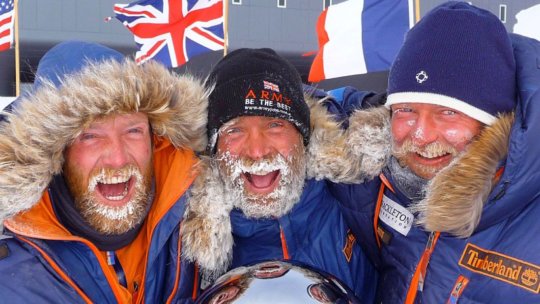 <strong>Call of the ice:</strong> However they achieved the goal that had eluded Shackleton and reached the South Pole, taking this photograph to capture their glee. Back in London, Worsley settled back into his routine, but he soon began to feel the call of the Antarctic. 
