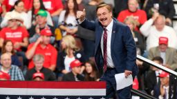 Mike Lindell, inventor and founder of My Pillow, gives a thumbs up before a rally address by President Donald Trump Thursday, Oct. 4, 2018, in Rochester, Minn. (AP Photo/Jim Mone)