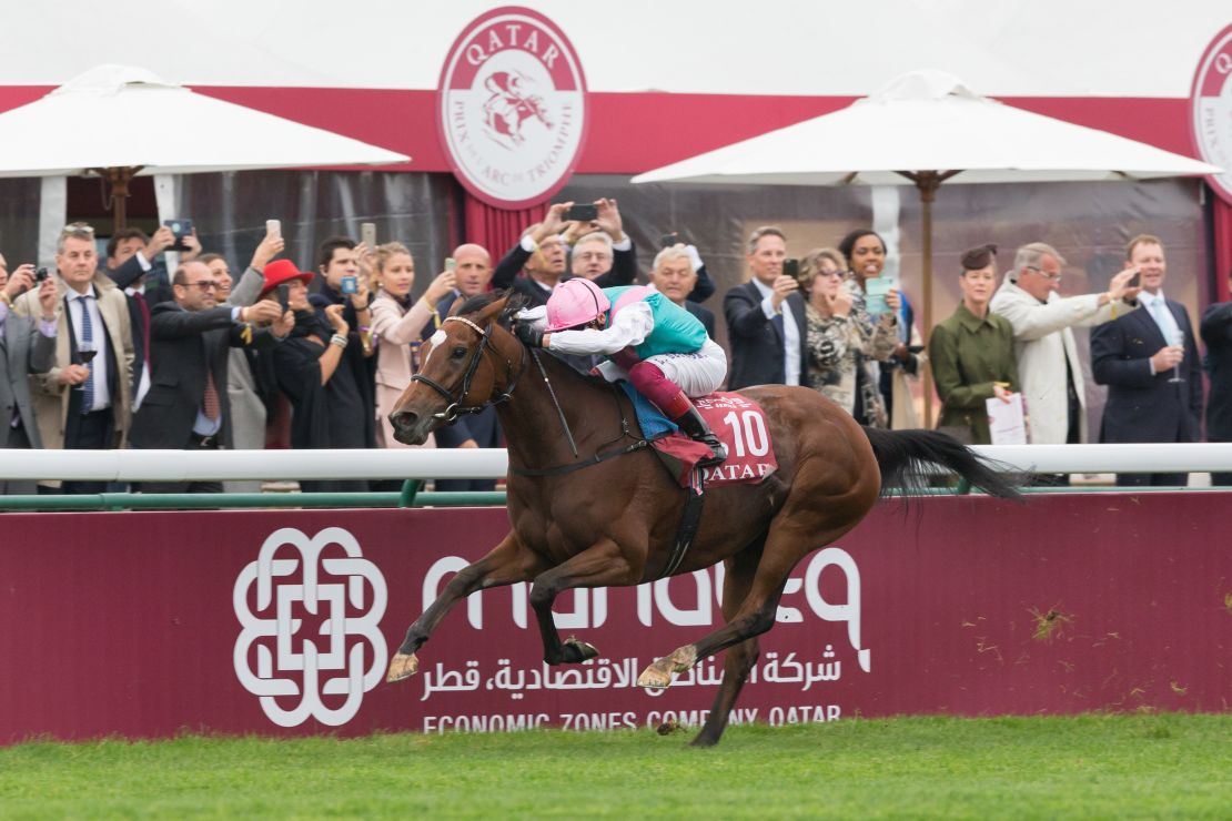 Frankie Dettori riding Enable wins the 97th Qatar Prix de l'Arc de Triomphe in October.