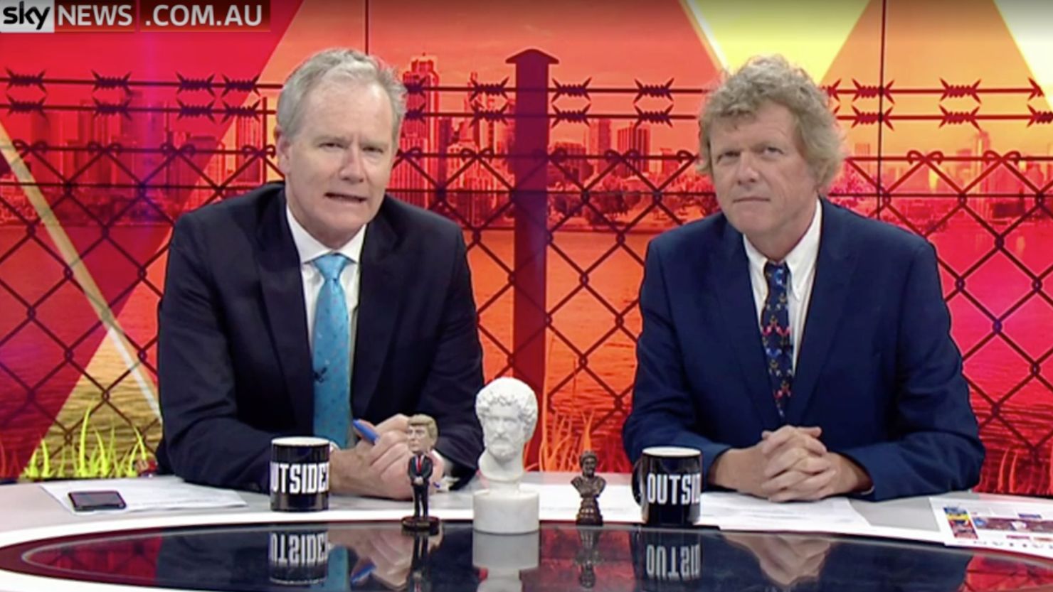 A screenshot of former Sky News host Ross Cameron (left) in October on his television show Outsiders.