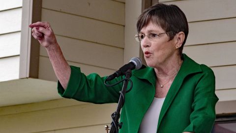 Democratic candidate state senator Laura Kelly responds to questions on stage during the Gubernatorial debate at the Kansas State Fair in Hutchinson, Kansas, in September. (Photo by Mark Reinstein/Corbis via Getty Images)