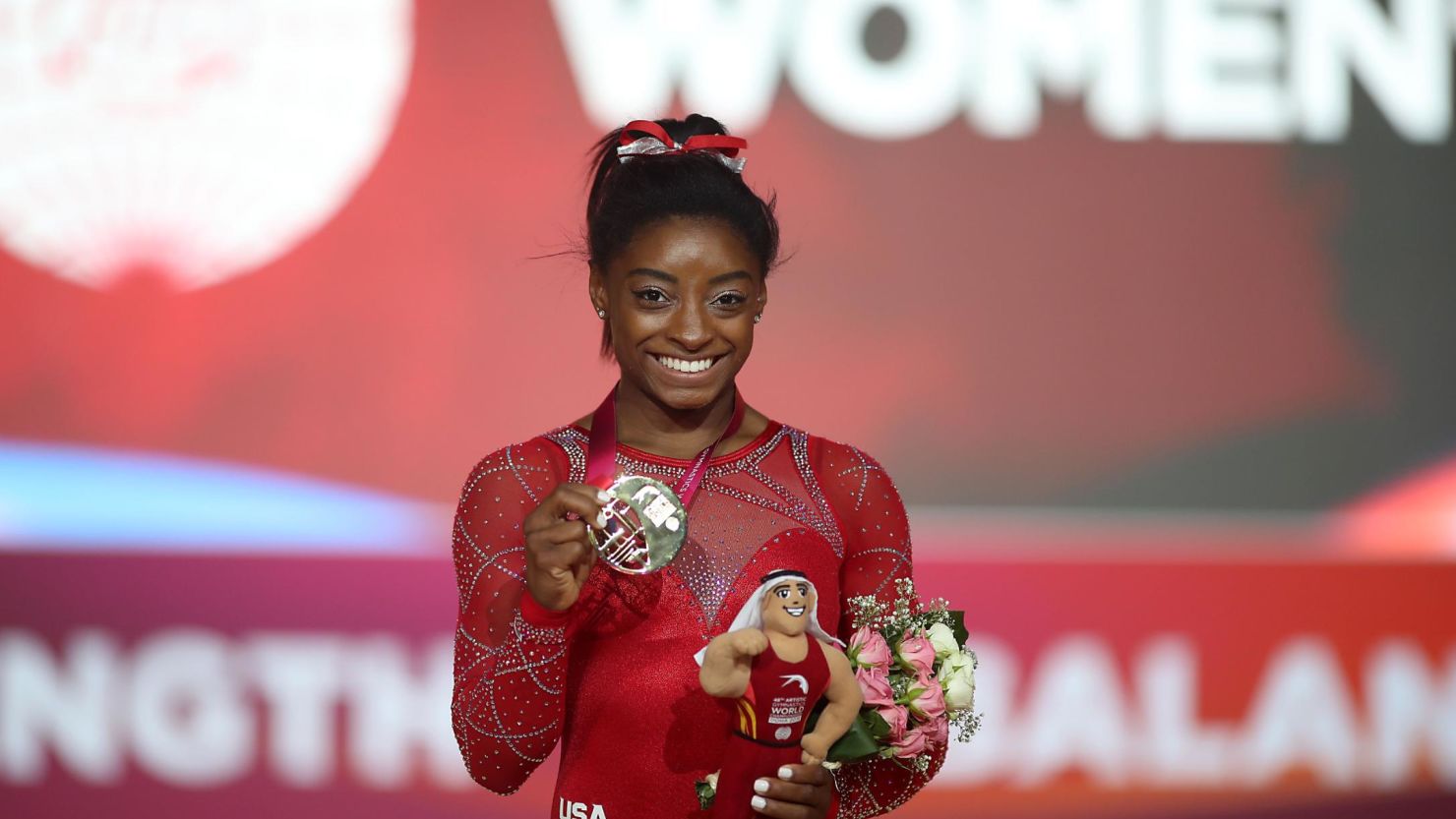 Simone Biles with her medal after the Floor Exercise final.