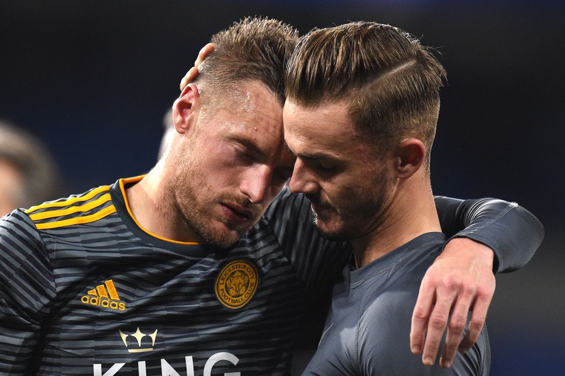 Leicester City midfielder and James Maddison striker Jamie Vardy react during the match.