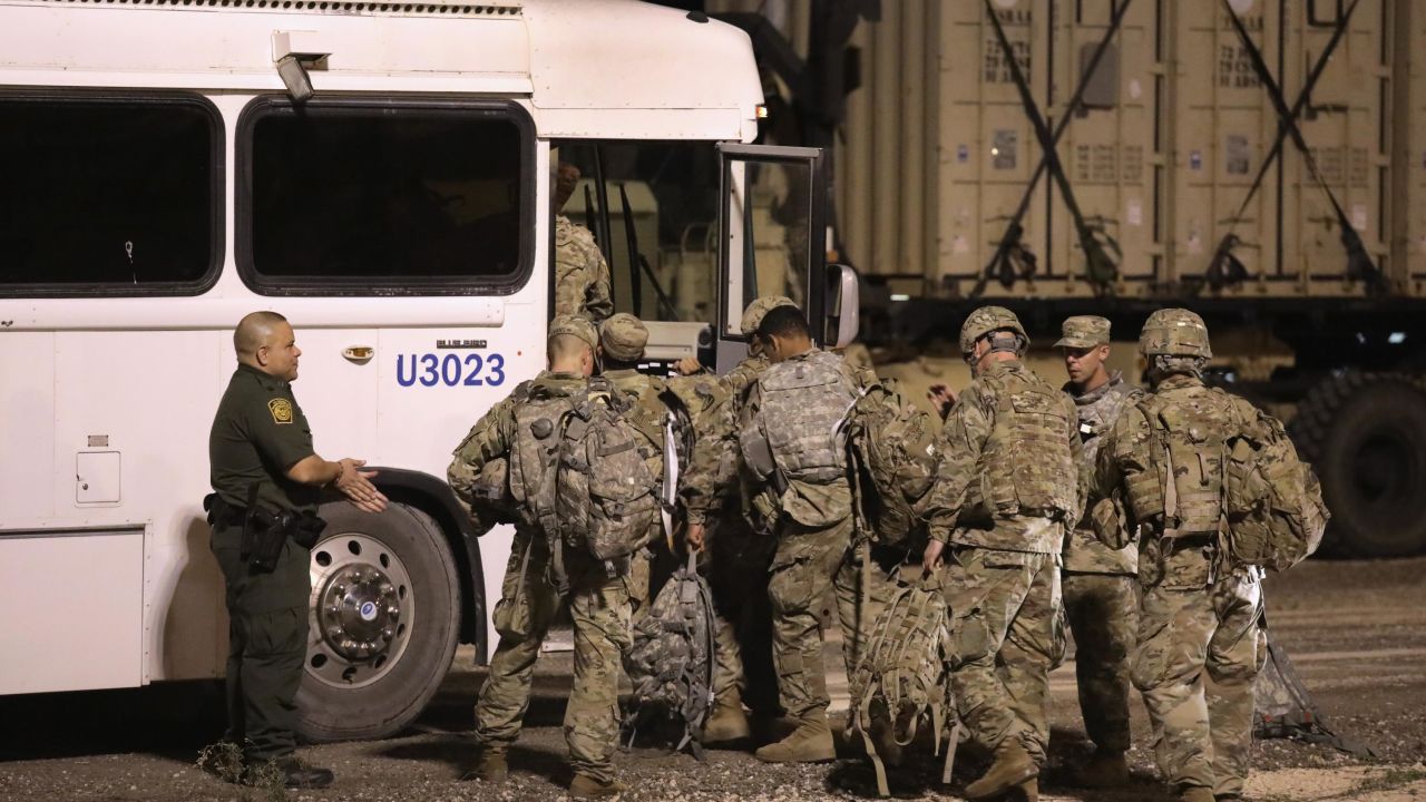 US Army soldiers move to another location near the US-Mexico border on November 3, 2018 in Donna, Texas.