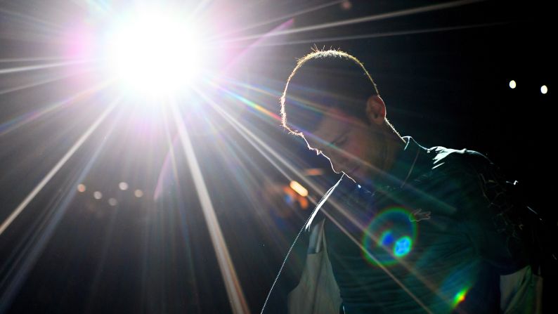 Novak Djokovic of Serbia enters the arena for his second round match against Joao Sousa of Portugal during Day 2 of the Rolex Paris Masters on October 30, 2018 in Paris, France.