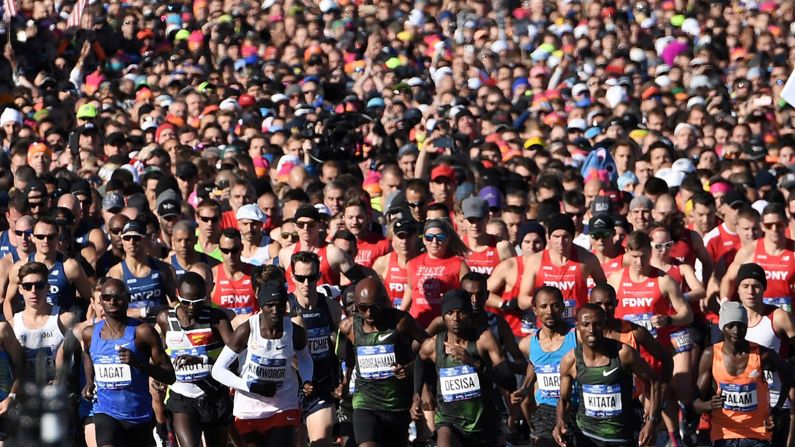 Runners in the Professional Men's race start the New York City Marathon ahead of the general classification on November 4, 2018. Ethiopian runner Lelisa Desisa won<a href="index.php?page=&url=https%3A%2F%2Fwww.cnn.com%2F2018%2F11%2F04%2Fus%2Fnew-york-city-marathon-winner%2Findex.html" target="_blank"> the marathon with a time of 2 hours, 5 minutes and 59 seconds.</a> 