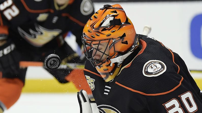 Anaheim Ducks goaltender Ryan Miller stops a shot during the third period of an NHL hockey game against the Philadelphia Flyers, October 30, 2018, in Anaheim, Calif. The Flyers won 3-2. 