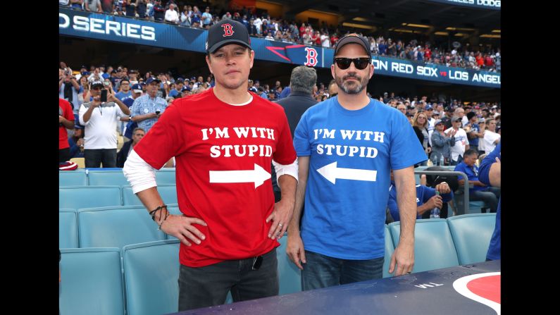 Matt Damon and Jimmy Kimmel attend a World Series game at Dodger Stadium on October 28, 2018. The Boston native Damon and the die hard Dodgers fan Kimmel have <a href="index.php?page=&url=https%3A%2F%2Fwww.cnn.com%2F2018%2F10%2F29%2Fentertainment%2Fjimmy-kimmel-matt-damon-world-series%2Findex.html" target="_blank">had a long running "feud"</a>. 