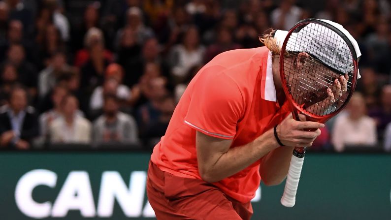 Canada's Denis Shapovalov reacts during his men's singles first round tennis match against France's Richard Gasquet at the Rolex Paris Masters indoor tennis tournament in Paris, France on October 29, 2018. 