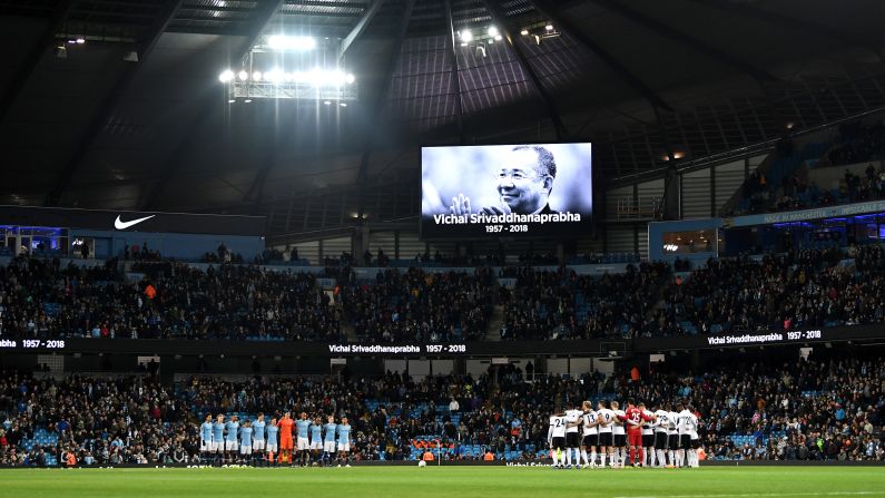 Fulham and Manchester City players observe a moment of silence in memory of Leicester City Chairman, Vichai Srivaddhanaprabha prior to the Carabao Cup Fourth Round match between Manchester City and Fulham at Etihad Stadium on November 1, 2018. The Leicester club owner died last month when his <a href="index.php?page=&url=https%3A%2F%2Fwww.cnn.com%2F2018%2F10%2F27%2Ffootball%2Fleicester-city-helicopter-crash-intl%2Findex.html" target="_blank">helicopter crashed shortly after takeoff in Leicester, England.</a>