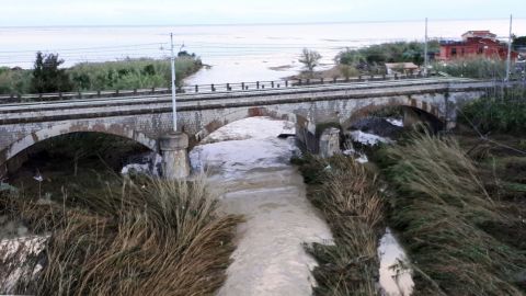 The swollen Milicia river runs in the area where nine people lost their lives when their home was flooded in Casteldaccia, near Palermo, Italy on Sunday, November 4.