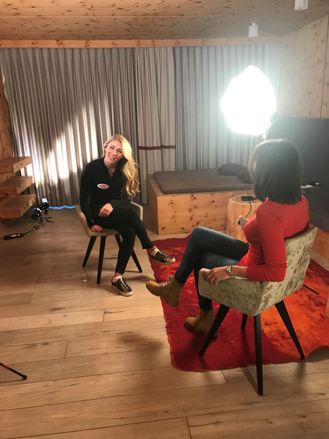Mikaela Shiffrin (left) chats to Christina Macfarlane for CNN's Alpine Edge in Soelden, Austria.