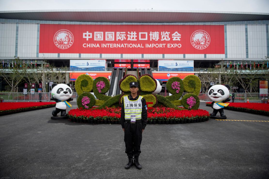 A security guard stands at the entrance to the first China International Import Expo (CIIE) in Shanghai on November 5.