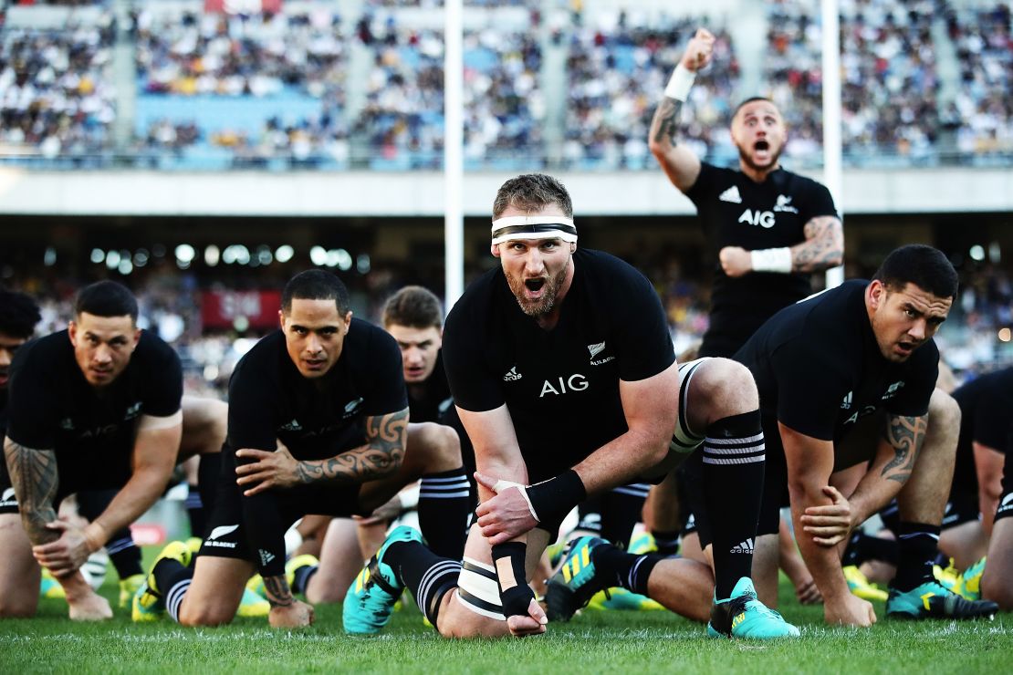 New Zealand players perform the Haka before taking on Australia in 2018.
