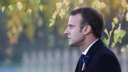 French president Emmanuel Macron arrives to pay his respect by the tomb of Lieutenant Robert Porchon, brother-in-arms of French writer Maurice Genevoix killed during World War I at the Trottoir necropolis in Les Eparges, eastern France, on November 6, 2018, as part of the ceremonies marking the centenary of the First World War. - The French President on November 4, 2018 kicked off a week of commemorations for the 100th anniversary of the end of World War One, which is set to mix remembrance of the past and warnings about the present surge in nationalism around the globe. (Photo by LUDOVIC MARIN / POOL / AFP)        (Photo credit should read LUDOVIC MARIN/AFP/Getty Images)