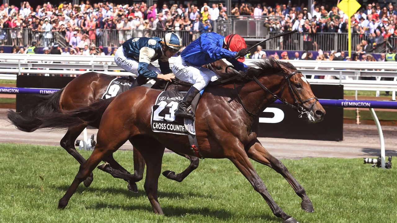 British horse Cross Counter, ridden by jockey Kerrin McEvoy wins the Melbourne Cup ahead of fellow British horse Marmelo.