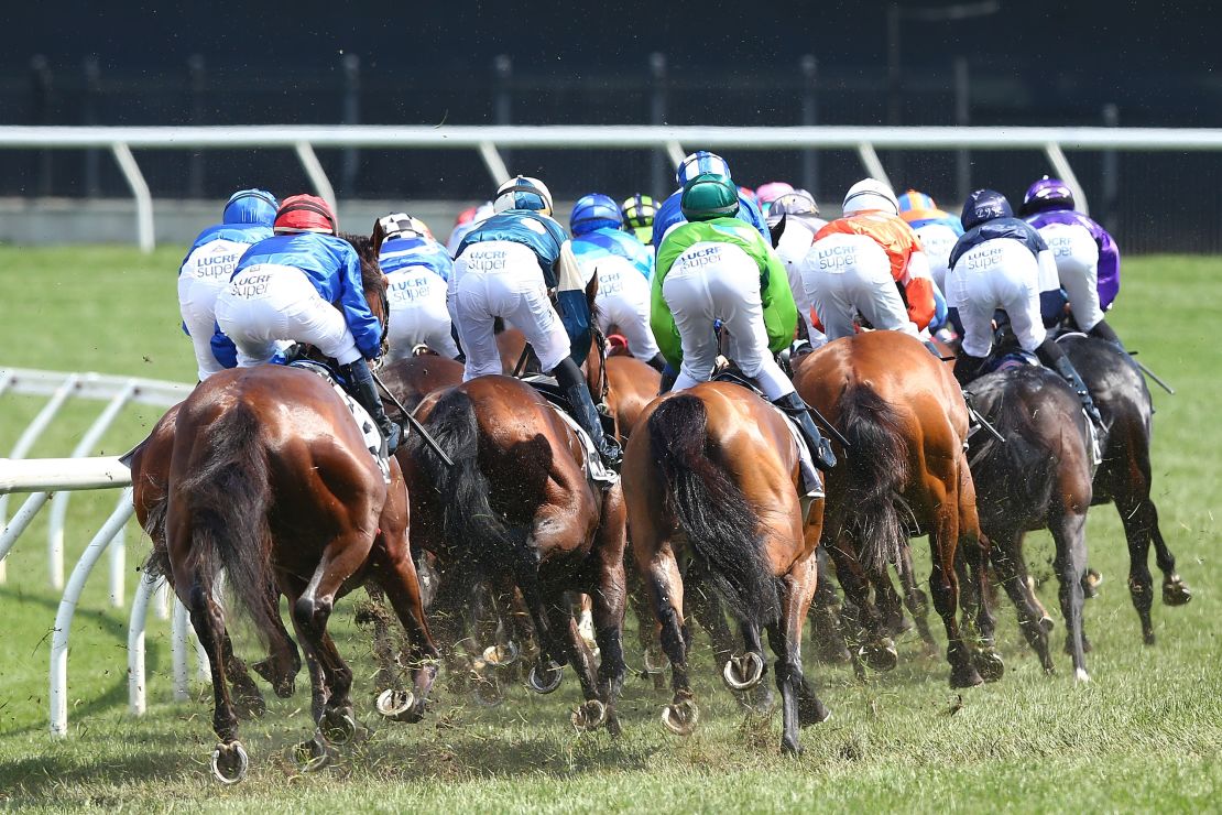 Horses jockey for position during the Melbourne Cup. 
