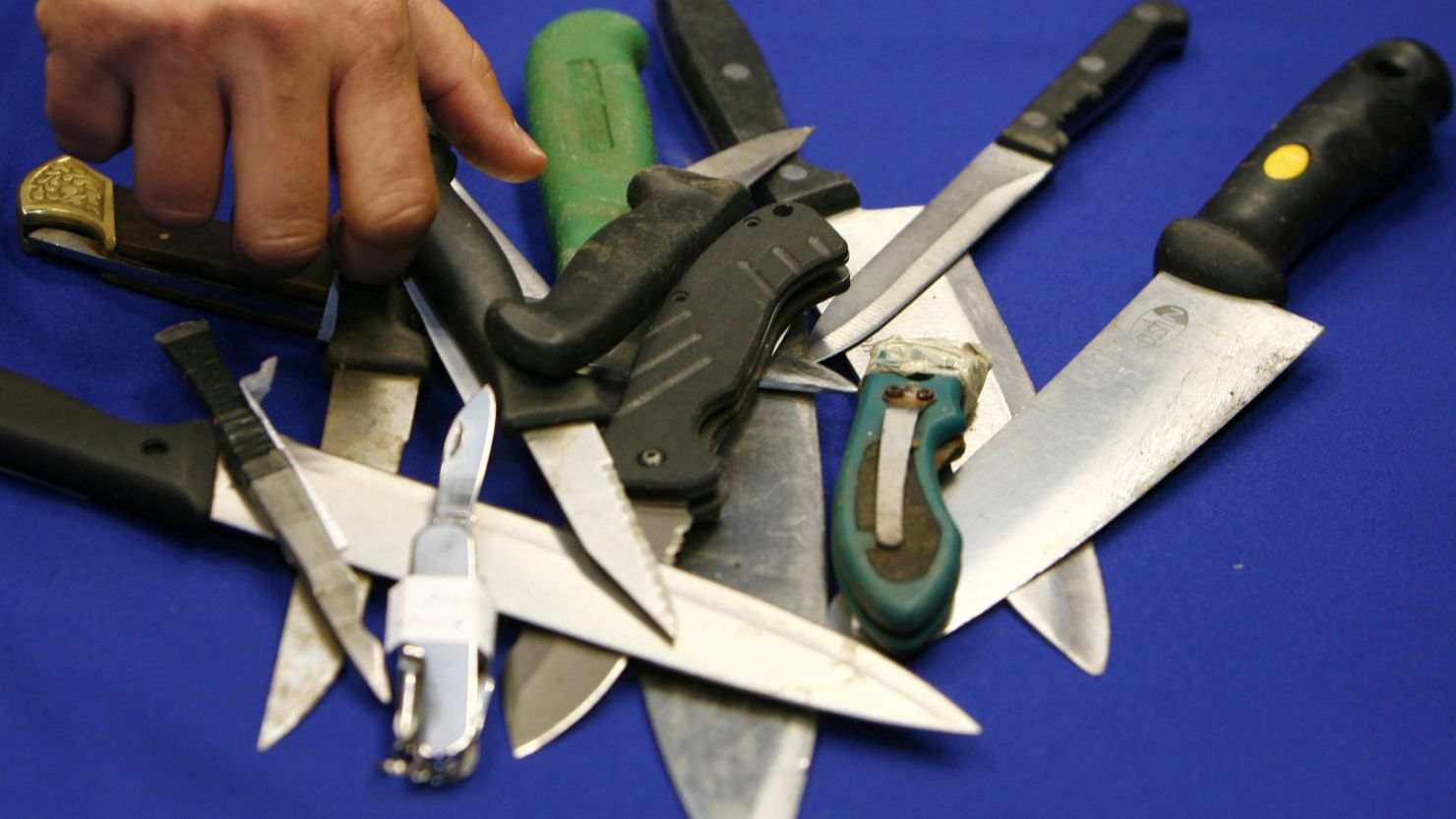 Knives seized by police in London, where stabbings are on the rise.