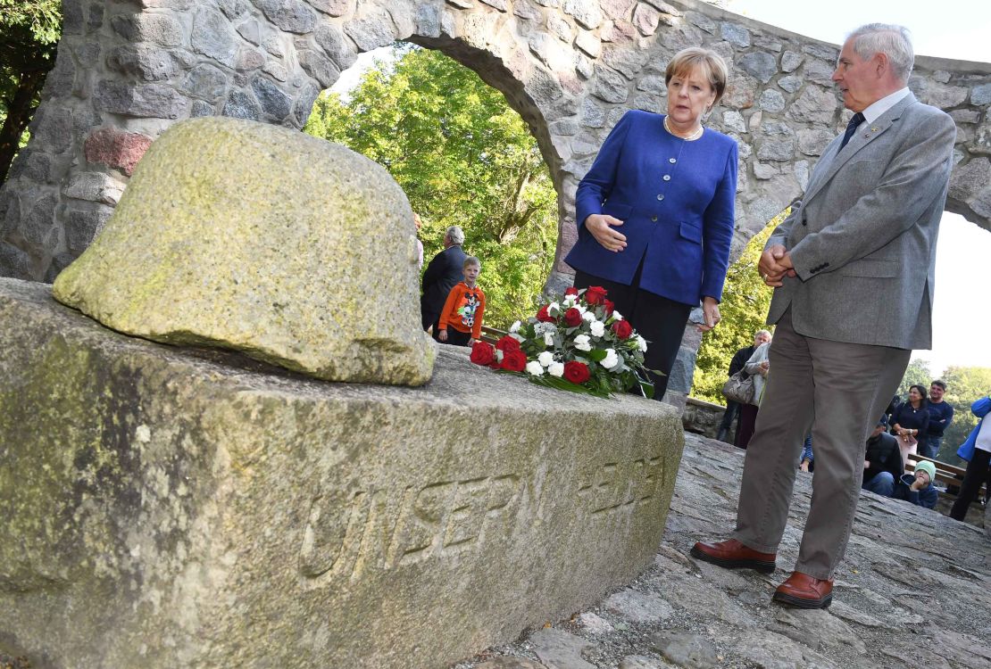 German Chancellor Angela Merkel at a memorial for fallen soldiers of World War I, in Putbus, Germany, 2017.