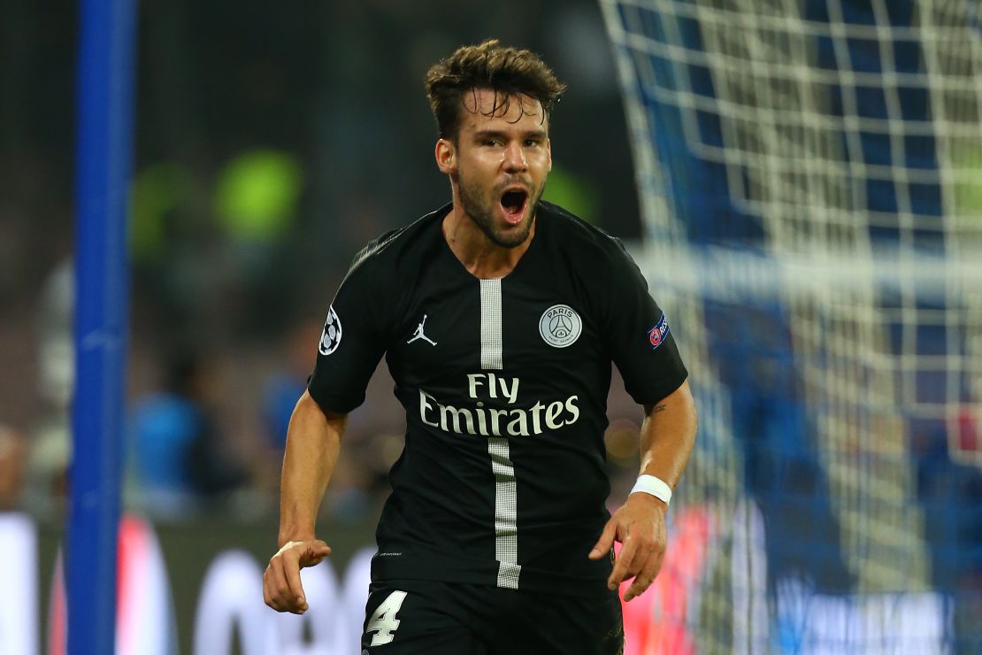 Juan Bernat celebrates after scoring against Napoli.