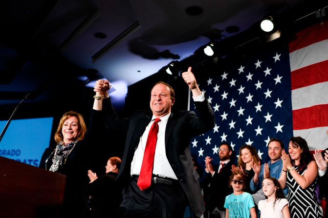 US Rep. Jared Polis celebrates on stage with running mate Dianne Primavera after it had been projected that he would become <a  target="_blank">the next governor of Colorado.</a> Polis, a Democrat, is the first openly gay man to be elected governor of a US state.