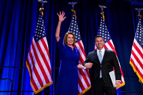 House Minority Leader Nancy Pelosi is introduced on stage by Democratic Congressional Campaign Committee Chairman Ben Ray Lujan as they react to the election results.