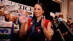 Democrat house candidate Sharice Davids reacts before speaking to supporters at a victory party in Olathe, Kansas, Tuesday, November 6, 2018. Davids defeated Republican incumbent Kevin Yoder to win the Kansas' 3rd Congressional District seat. 