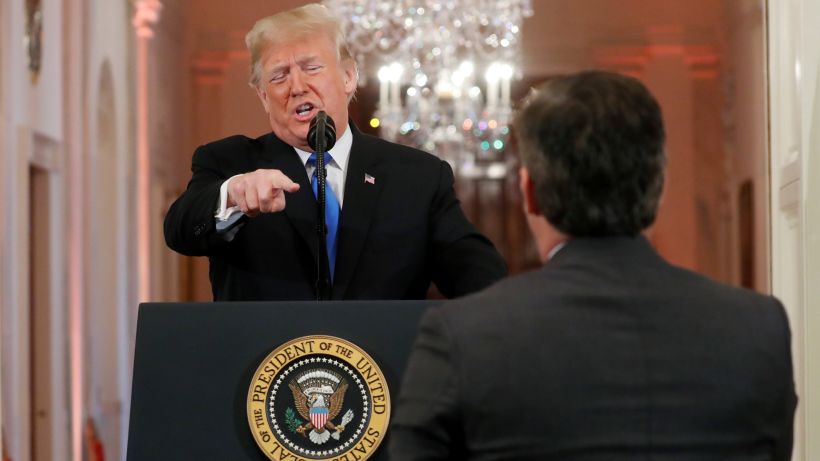 President Donald Trump points at CNN's Jim Acosta and accuses him of "fake news" while taking questions during a news conference following Tuesday's midterm congressional elections at the White House in Washington, D.C. Wednesday, November 7, 2018.